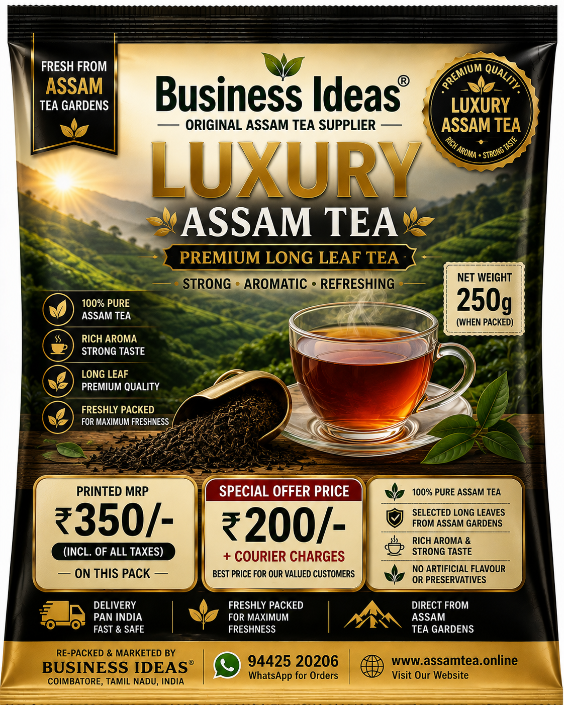 Luxury Assam Tea – 1 kg | Premium Leaf Tea (250g x 4 pockets)